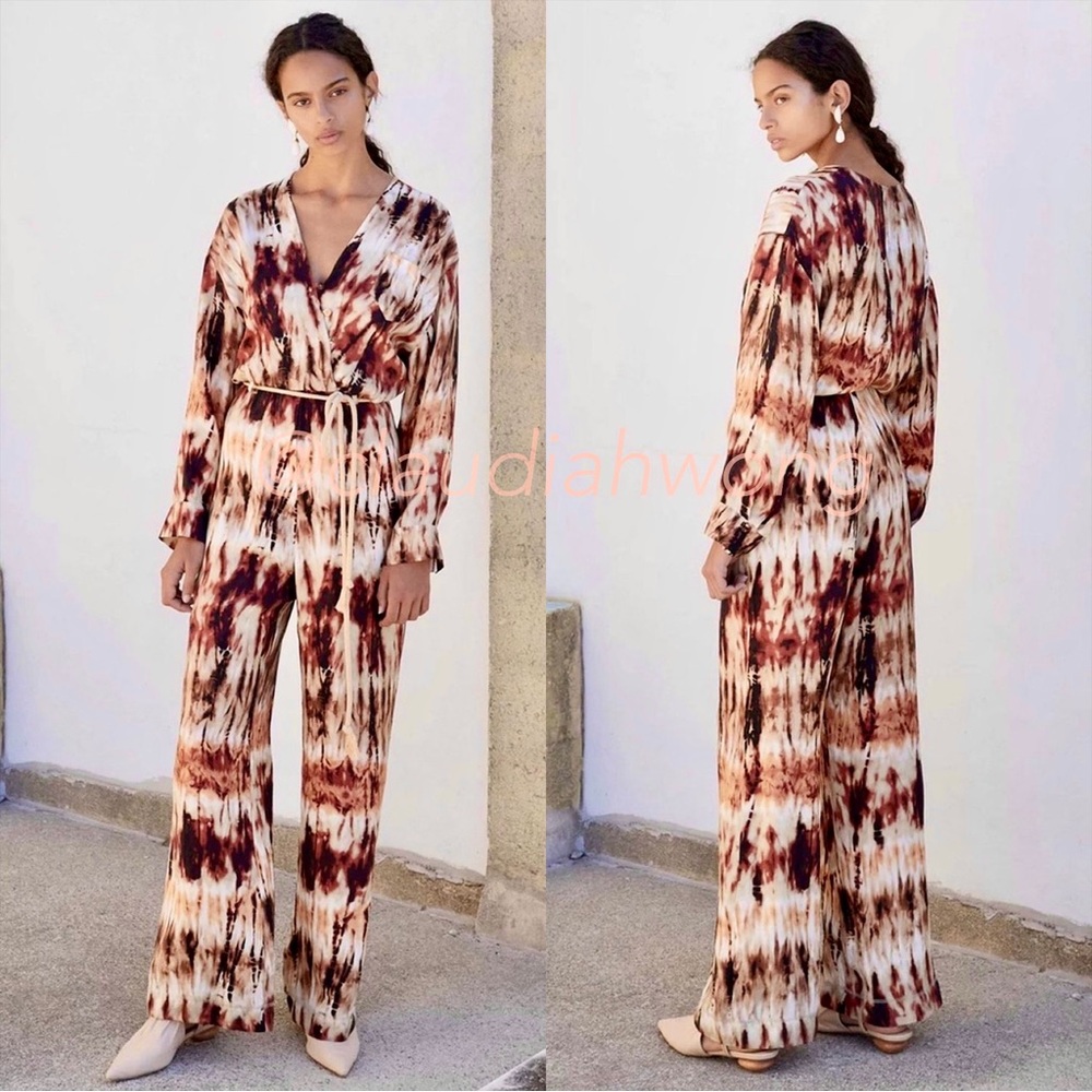 New NANUSHKA Jacques Tie Dye Belted Wide Leg Jumpsuit in Brown